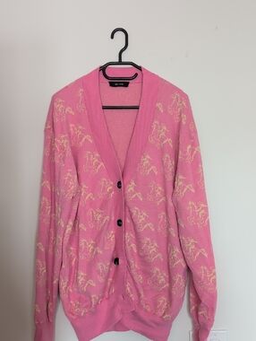 Pink Patterned With Yellow Cowgirls V-Neck Cardigan Sweater